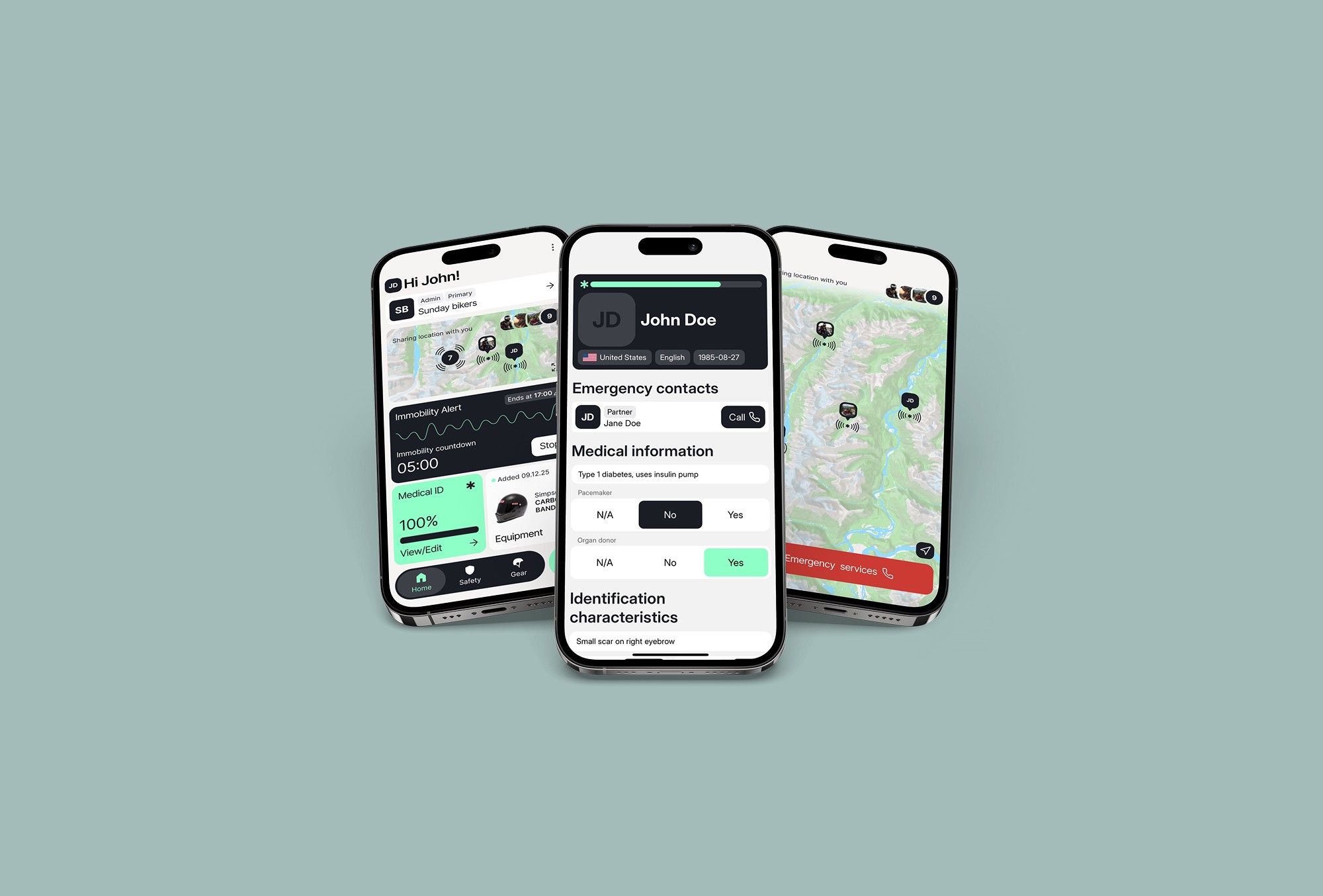 Twiceme smartphone app showing Medical ID and safety features