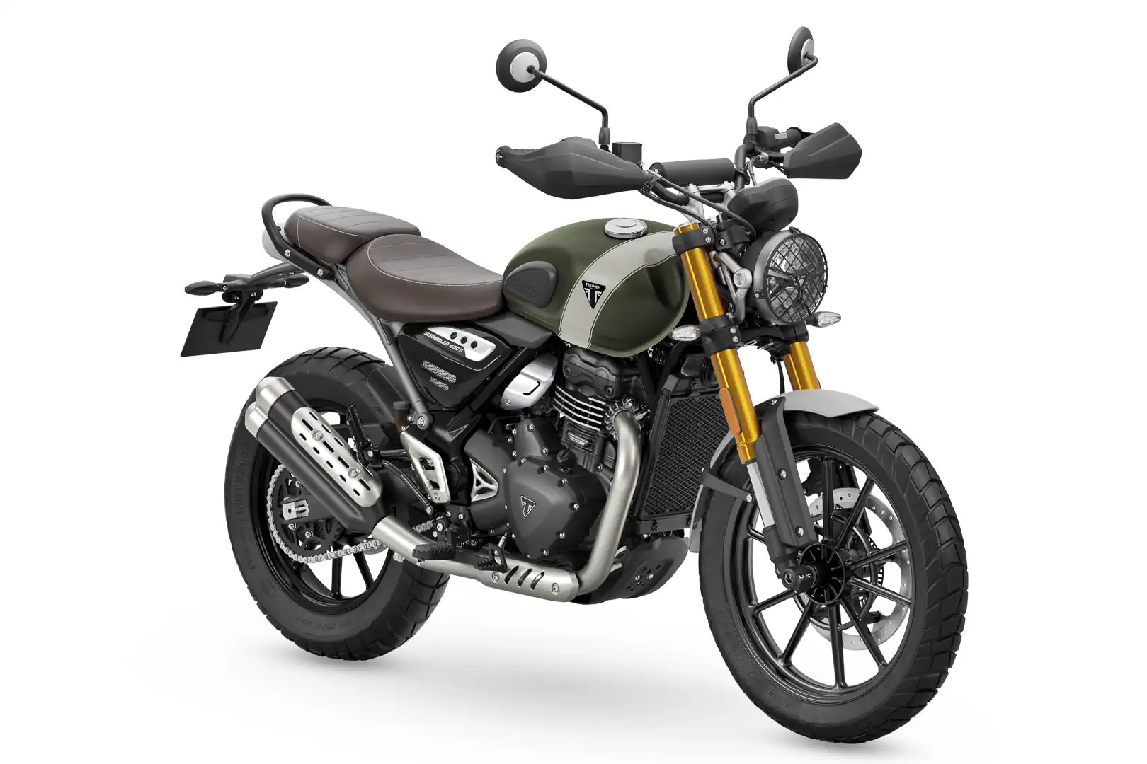 Triumph Scrambler 400 X static three-quarter view