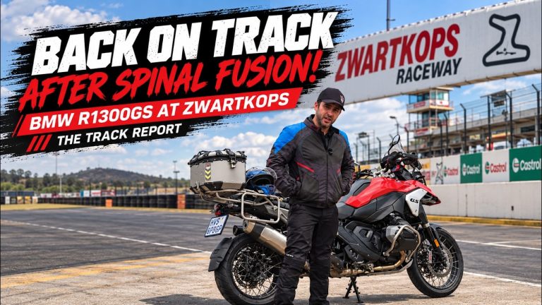 Tiaan Janse van Rensburg riding a BMW R1300GS at Zwartkops Raceway after spinal fusion